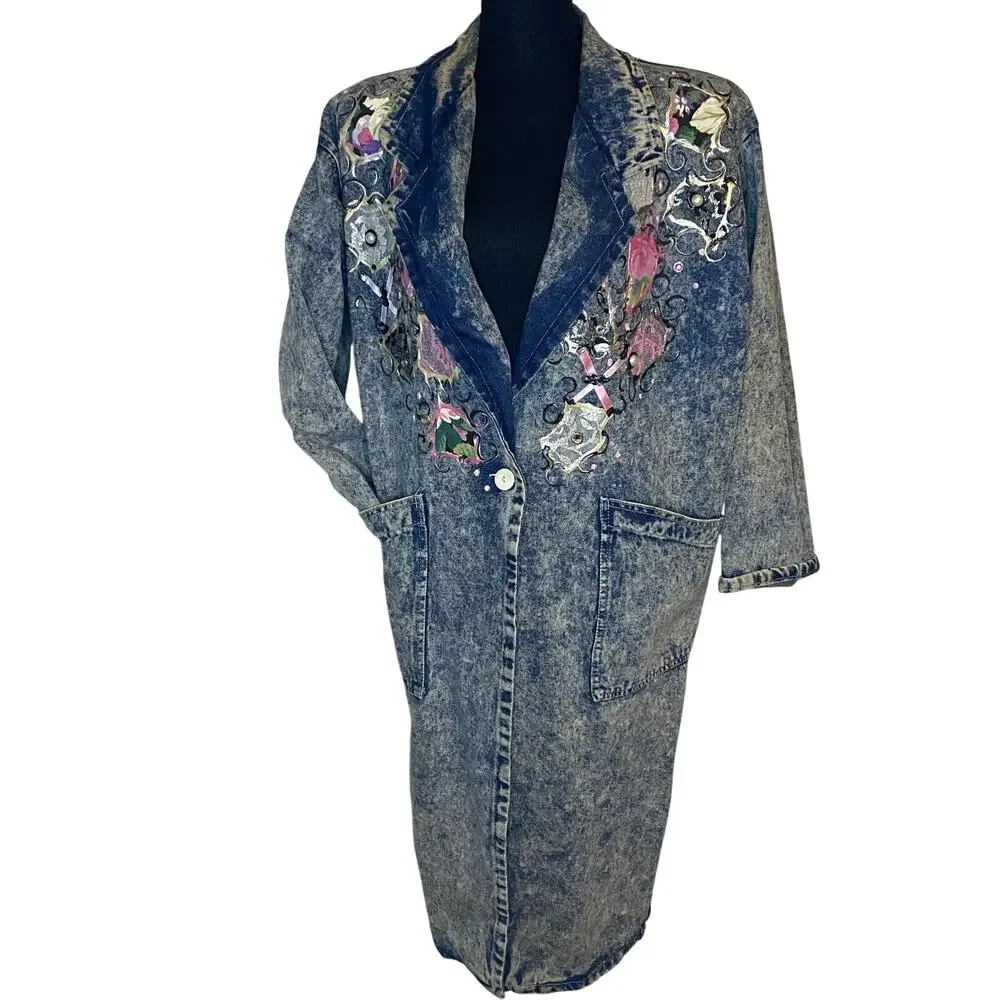 Vtg Acid Wash‎ Denim embellished Benningtons New York Duster Trench 80s M